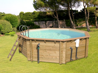 Image Piscine hors-sol bois BWT myPOOL ODYSSEA OCTO 530 H133cm margelles havane liner sable