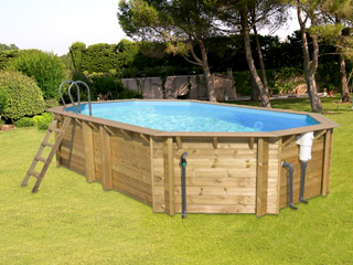 Image Piscine hors-sol bois BWT myPOOL ODYSSEA OCTO+ 640 H133cm margelles havane liner bleu