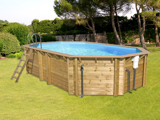 Image Piscine hors-sol bois BWT myPOOL ODYSSEA OCTO+ 640 H146cm margelles havane liner bleu