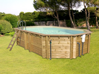 Image Piscine hors-sol bois BWT myPOOL ODYSSEA OCTO+ 640 H146cm margelles havane liner sable