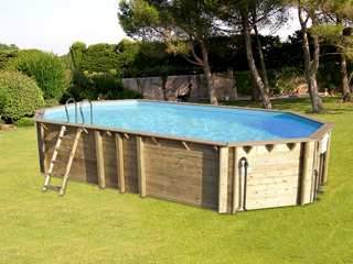 Image Piscine hors-sol bois BWT myPOOL ODYSSEA OCTO+ 840 H146cm margelles havane liner bleu