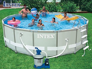 Image Kit piscine tubulaire Intex ULTRA FRAME ronde avec filtre a sable + skimmer + tapis + bache + echelle