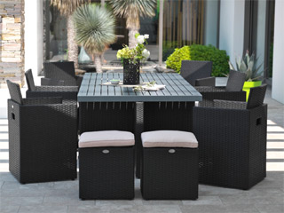 Image Salon de jardin en resine tressee avec table + 6 fauteuils encastrables + 4 poufs Noir