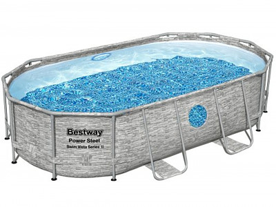 Image Kit piscine Bestway POWER STEEL SWIM VISTA ovale 488x305x107cm effet pierre grise avec hublots filtration sable